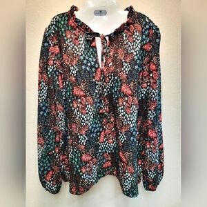 LOFT Women's size XL Long Sleeve Gathered Collar With Tie, Loose Fitting Shirt